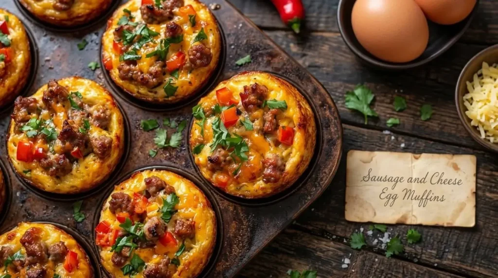 Golden brown sausage and cheese egg muffins garnished with red bell peppers and fresh parsley in a muffin tin.