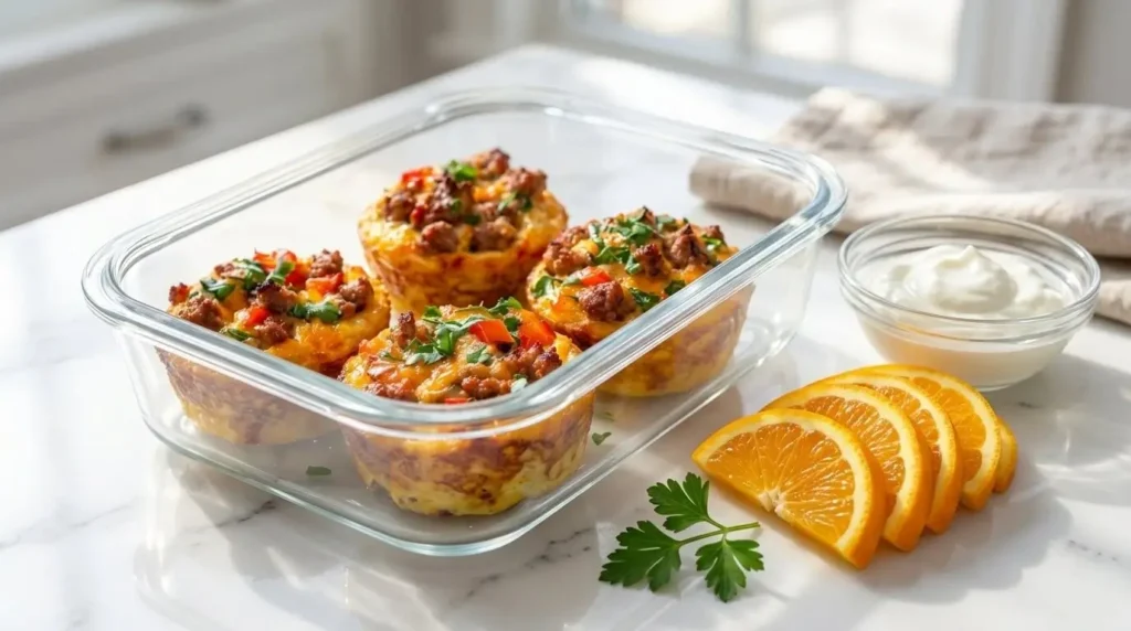 Reusable glass meal prep container packed with sausage and cheese egg muffins and fresh fruit.