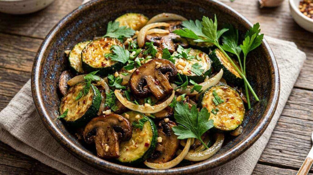 Sautéed Zucchini and Mushroom Medley in a rustic bowl with fresh herbs