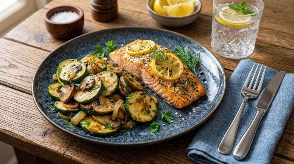 Mediterranean dinner plate with sautéed zucchini and mushrooms paired with salmon.