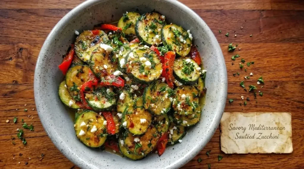 Ceramic bowl filled with Savory Mediterranean Sautéed Zucchini topped with crumbled feta cheese, red peppers, and parsley.
