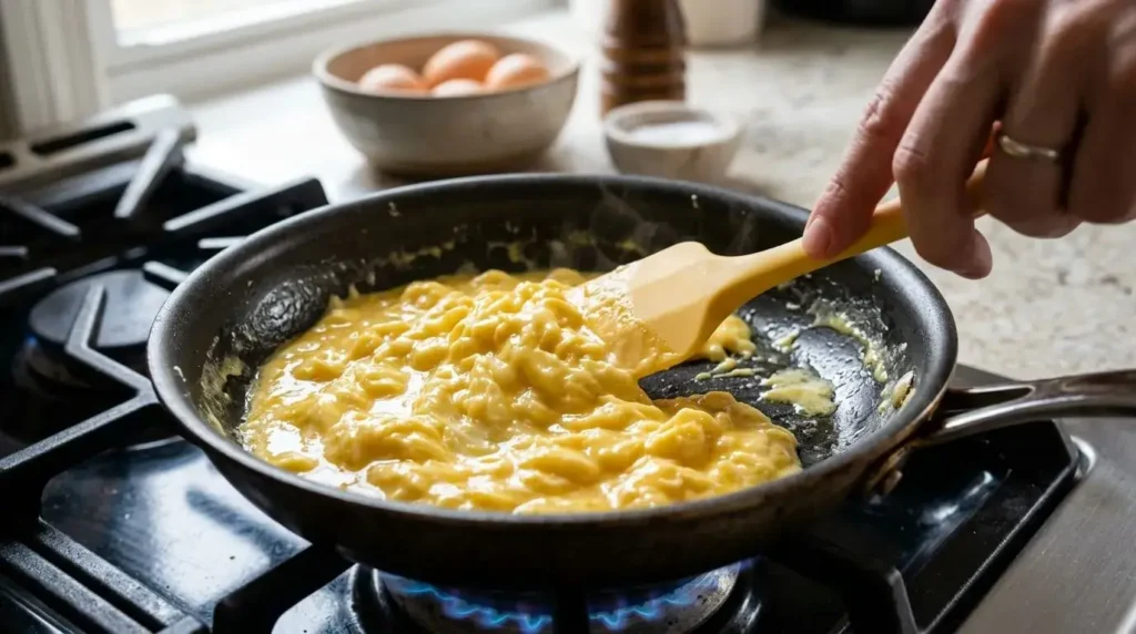 A silicone spatula gently stirring glossy, wet egg curds in a black non-stick skillet over low heat to make soft scrambled eggs.