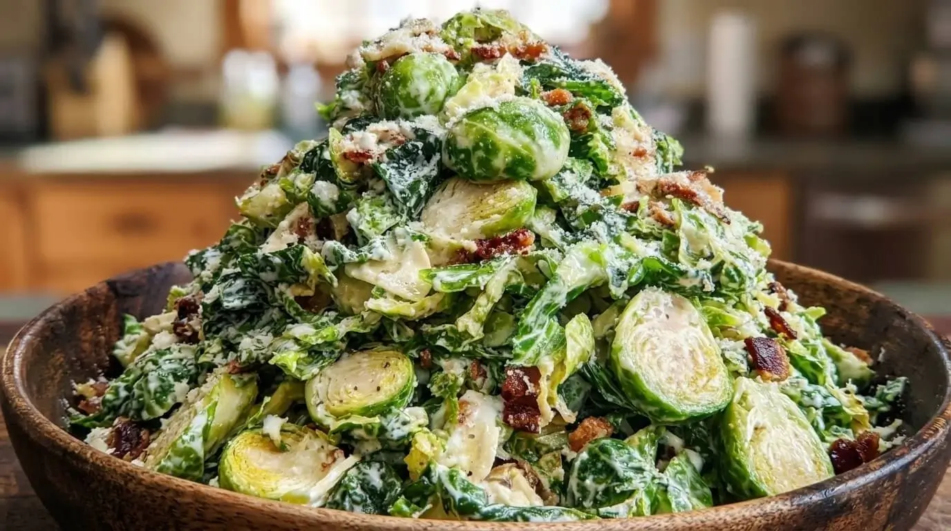 Shaved Brussels sprouts Caesar salad topped with crispy turkey bacon bits and parmesan snow in a wooden bowl.