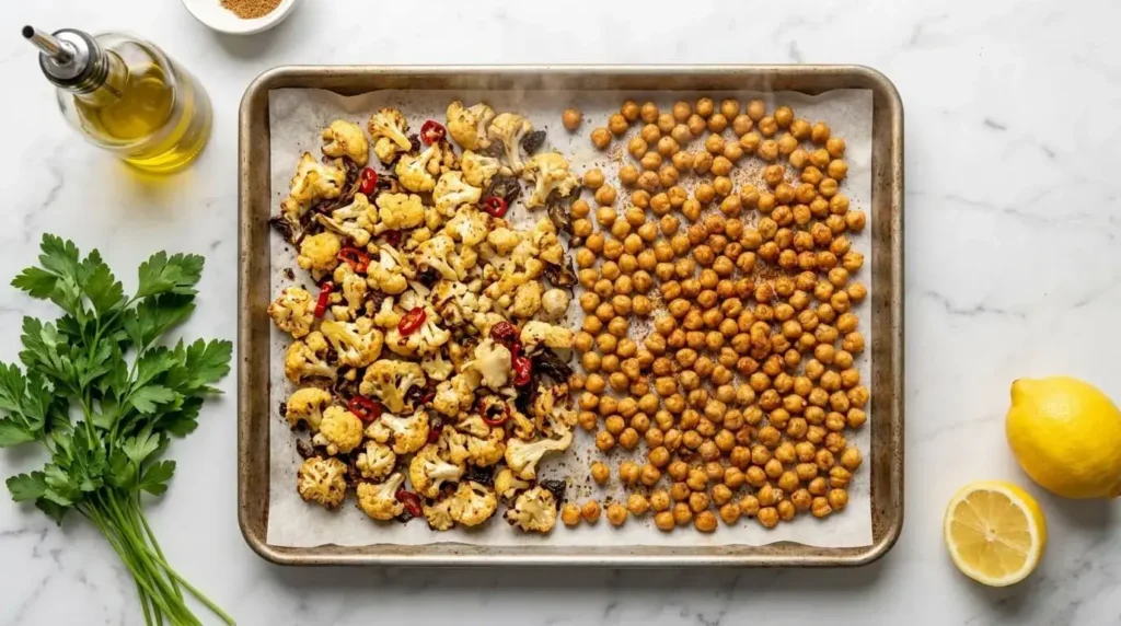 Roasted cauliflower florets and spiced chickpeas hot on a parchment-lined baking sheet.