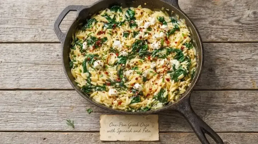 Top-down view of One-Pan Greek Orzo with Spinach and Feta garnished with chili flakes and fresh herbs in a cast iron skillet.
