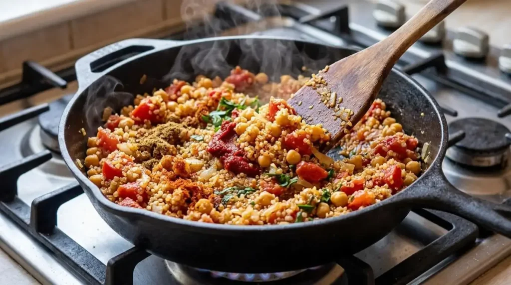 A savory filling mixture of quinoa, chickpeas, tomatoes, and Mediterranean spices cooking in a skillet.