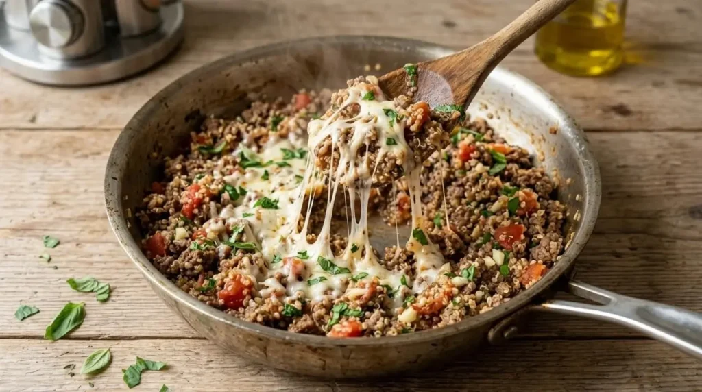 Preparing the savory beef, quinoa, tomato, and cheese filling in a skillet for stuffed peppers.