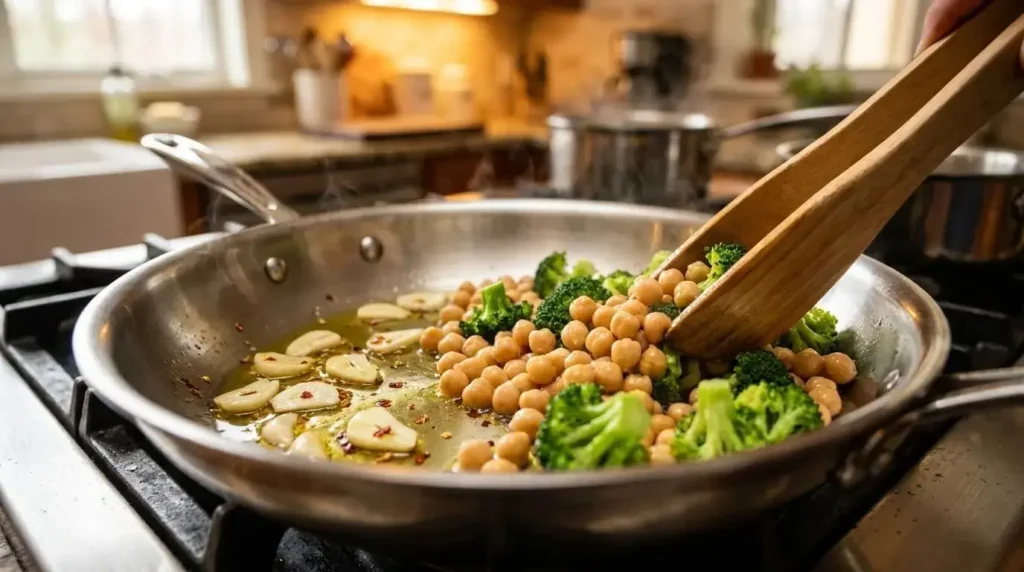 Thinly sliced garlic and red pepper flakes simmering in extra virgin olive oil in a skillet with chickpeas and broccoli.