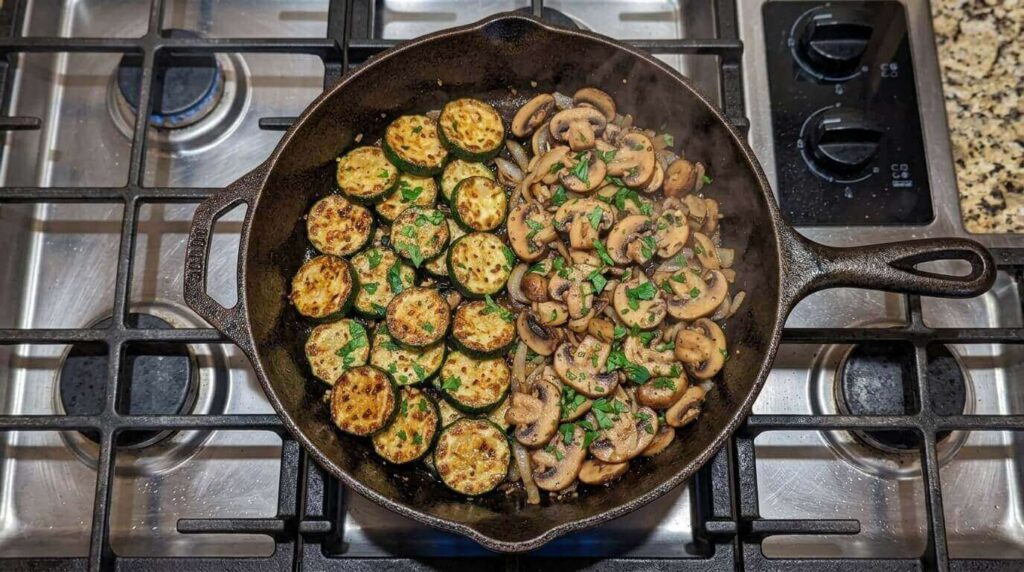 Cooking Sautéed Zucchini and Mushrooms in a cast-iron skillet.