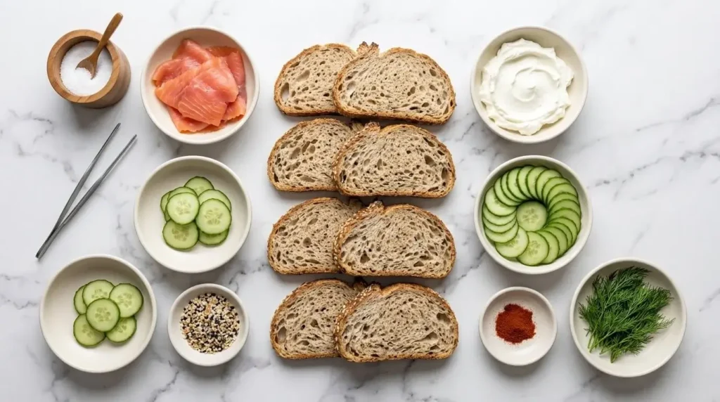 Flat-lay of fresh ingredients for a healthy smoked salmon recipe, including sourdough bread, labneh, smoked salmon, cucumber, dill, and spices.
