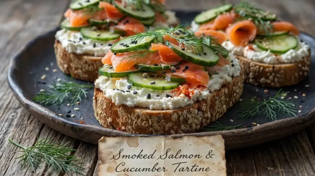 Three elegant Smoked Salmon and Cucumber Tartines on toasted seeded sourdough with whipped labneh, cucumber slices, and fresh dill on a dark rustic plate.