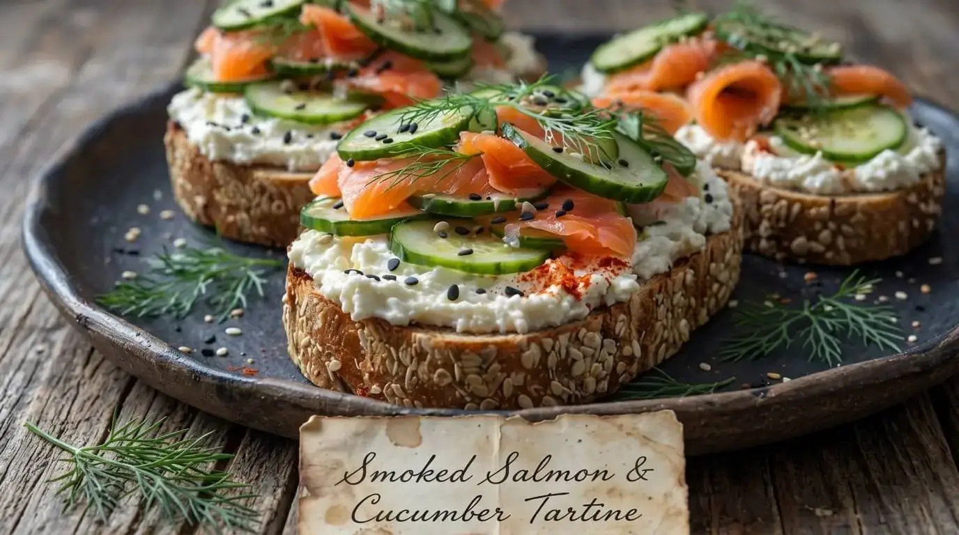 Three elegant Smoked Salmon and Cucumber Tartines on toasted seeded sourdough with whipped labneh, cucumber slices, and fresh dill on a dark rustic plate.
