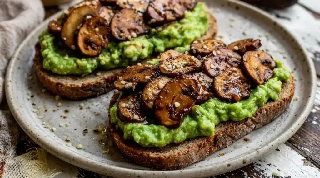 Close-up of two slices of Garlicky Mushroom Avocado Toast topped with caramelized cremini mushrooms and hemp hearts on a rustic table.