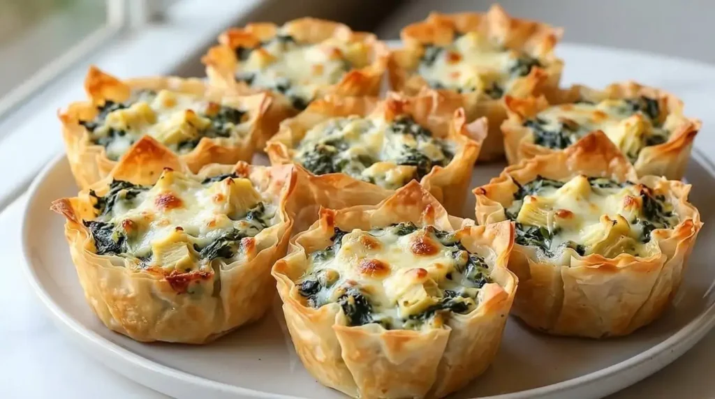 Golden crispy mini phyllo cups filled with creamy spinach, artichoke, feta, and melted cheese on a ceramic platter.