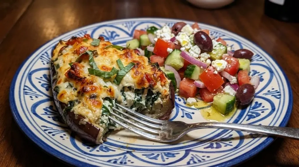 A single serving of Spinach and Ricotta Stuffed Eggplant Boat sliced to reveal the filling.