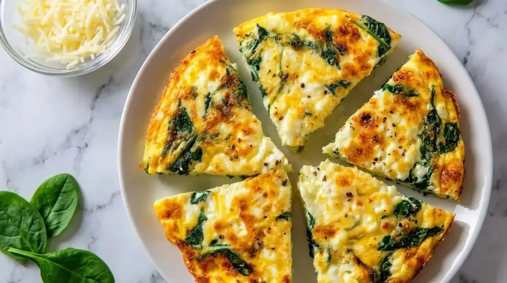 Top-down view of golden baked spinach and cottage cheese frittata slices on a white plate with black pepper toppings.