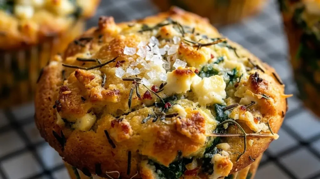 Close-up of golden brown Savory Spinach, Feta & Herb Muffins on a wire rack with visible feta chunks and dried rosemary.
