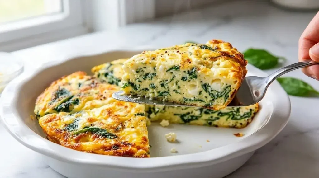 A pie server lifting a clean wedge of warm spinach and cottage cheese frittata from a baking dish.