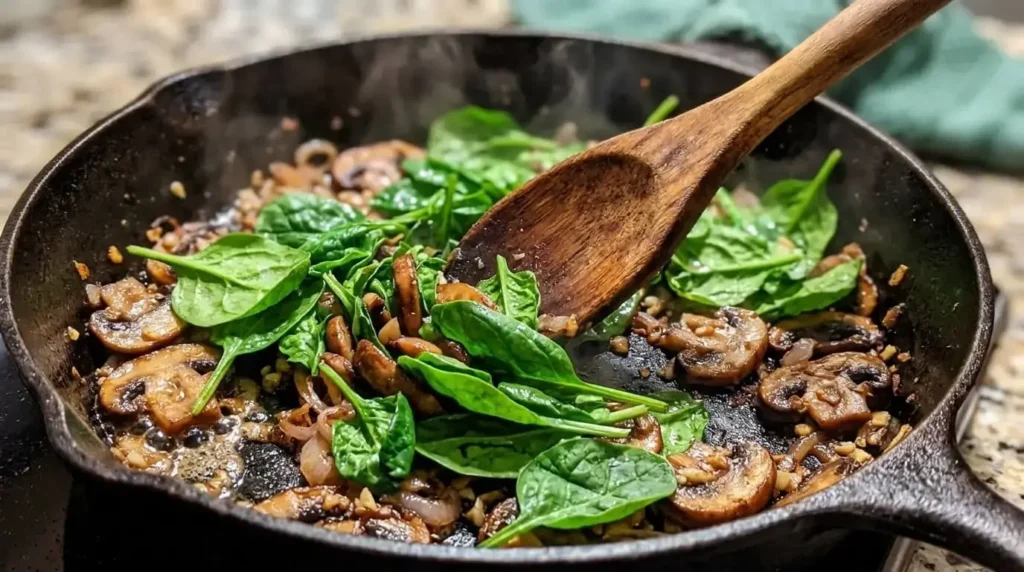 Sautéing mushrooms and fresh spinach in a skillet for the stuffed squash filling
