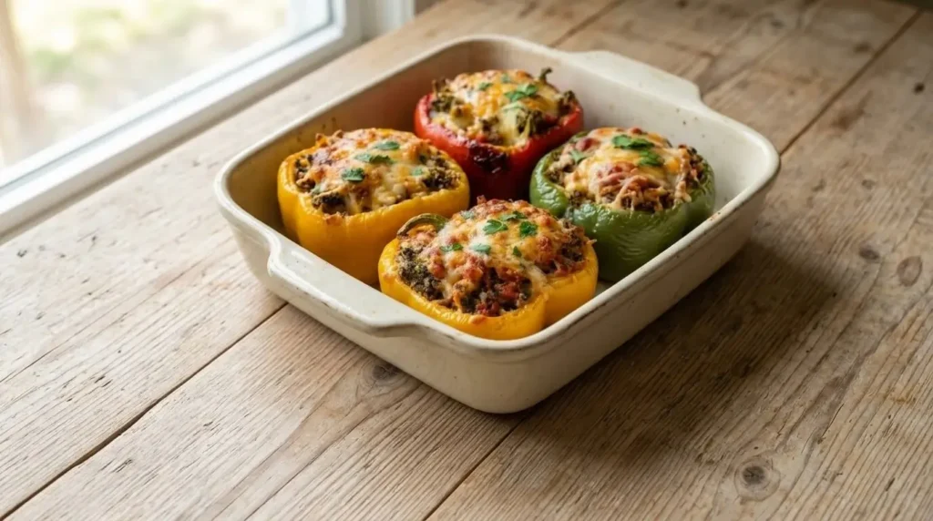 Cheesy Beef and Quinoa Stuffed Bell Peppers in a ceramic baking dish on a wooden table.