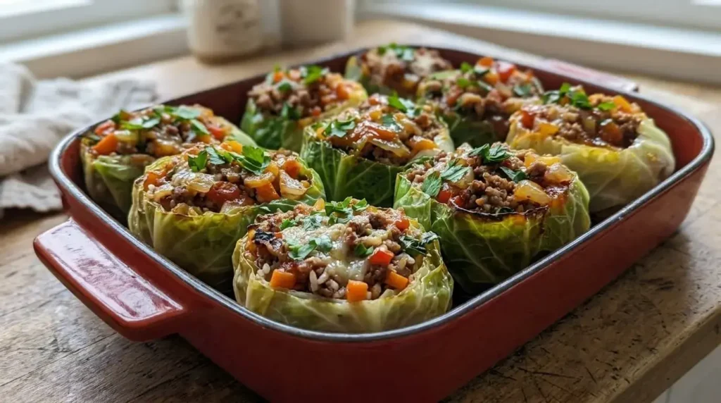 Unrolled savory stuffed cabbage cups in a red braiser, topped with fresh parsley