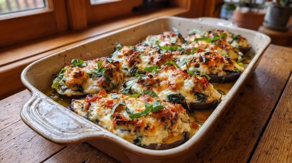 Spinach and Ricotta Stuffed Eggplant Boat topped with melted mozzarella and fresh basil in a baking dish.