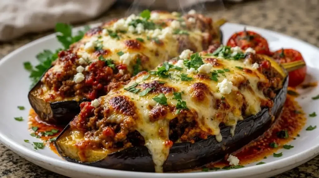 Baked Mediterranean Turkish Stuffed Eggplant Boats garnished with feta and parsley.