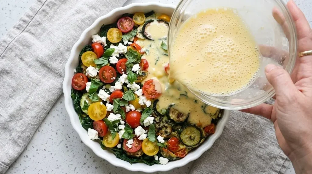 Pouring a whisked egg and cream mixture over layers of cherry tomatoes, zucchini, basil, and feta cheese in a baking dish.
