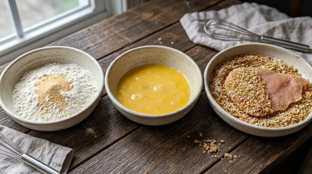 A three-bowl assembly line showing the breading process with flour, beaten egg wash, and whole wheat cheesy Panko breadcrumbs.
