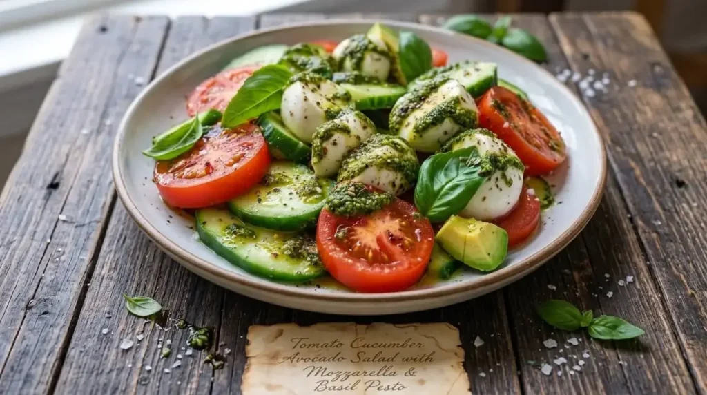 Tomato Cucumber Avocado Salad with Mozzarella and Basil Pesto drizzled on a shallow ceramic plate over a wooden table.