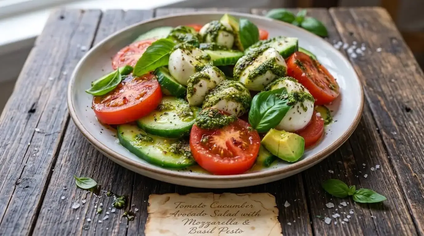 Tomato Cucumber Avocado Salad with Mozzarella and Basil Pesto drizzled on a shallow ceramic plate over a wooden table.