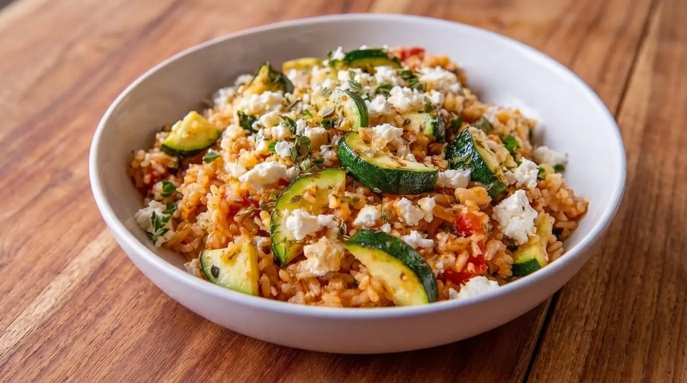 A white bowl filled with Mediterranean tomato rice skillet topped with zucchini half moons, crumbled feta cheese, and fresh parsley.