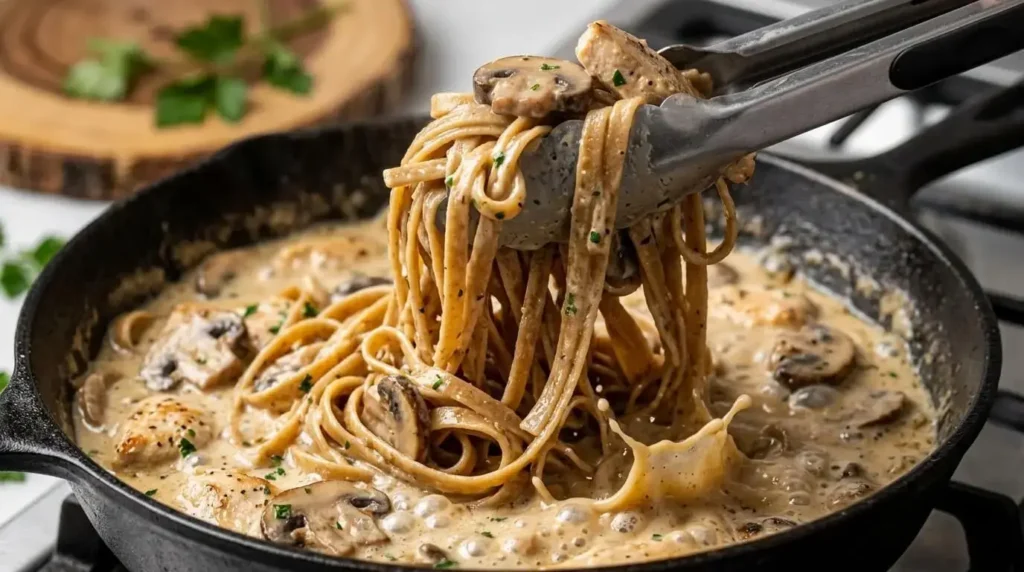 Twirling hot fettuccine pasta ribbons through a velvety garlic Parmesan cream sauce with chicken and mushrooms.