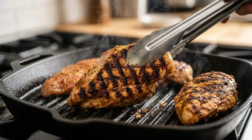 Grilling seasoned chicken breast on a grill pan.