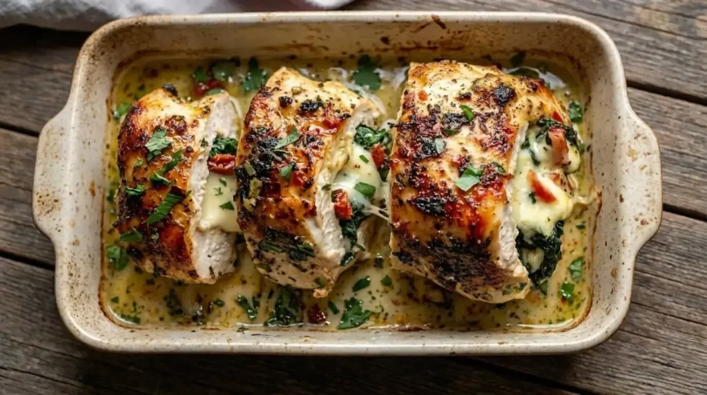 Golden seared Tuscan stuffed chicken roll-ups sliced in a baking dish showing melted mozzarella, spinach, and sun-dried tomatoes in garlic sauce.