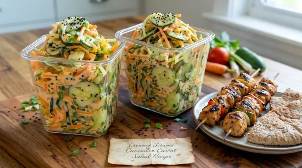 Two meal prep glass containers filled with creamy sesame cucumber carrot salad served alongside grilled chicken.