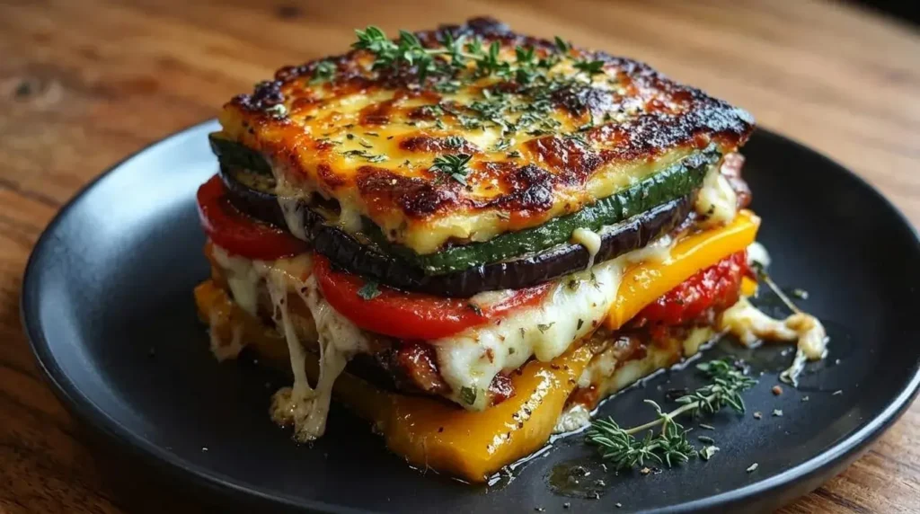 A perfectly sliced square of Grilled Zucchini Tomato Three Cheese Bake showing distinct layers of grilled zucchini, red tomatoes, yellow pepper, eggplant, and a broiled golden cheese crust garnished with fresh thyme.