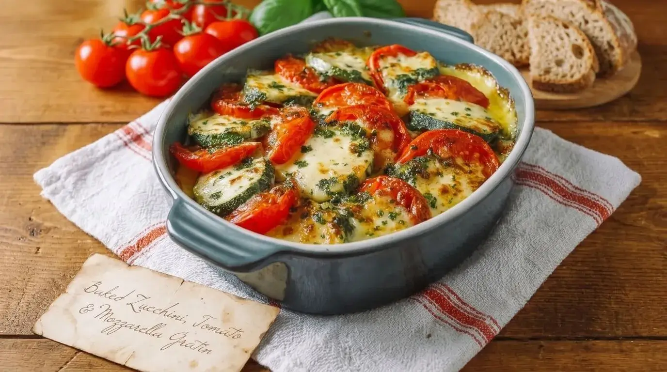 Baked Zucchini, Tomato and Mozzarella Gratin layered in a blue ceramic dish with green basil pesto drizzle and golden melted cheese.