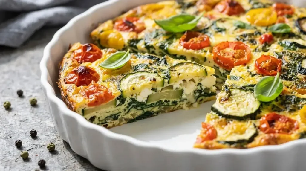 A sliced crustless summer vegetable quiche with zucchini, red and yellow cherry tomatoes, spinach, and feta cheese in a white ceramic dish.