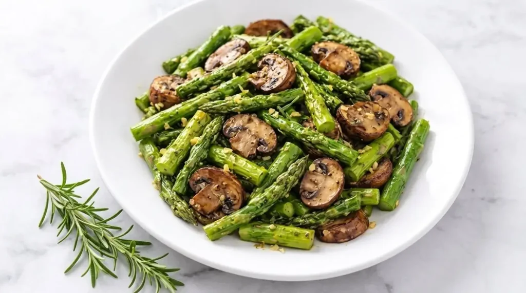 Garlic Butter Sautéed Asparagus and Mushrooms served on a white plate with fresh rosemary garnish.