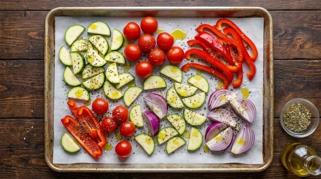 Sheet pan of raw sliced zucchini, cherry tomatoes, red bell peppers, and onions tossed in olive oil and seasonings ready for roasting.