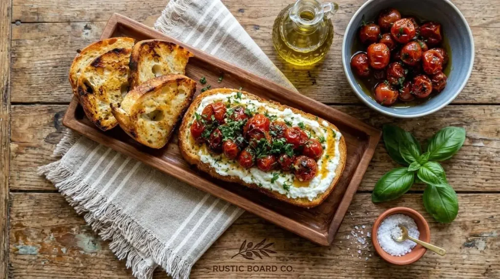 Whipped ricotta and roasted tomato board on wood serving board with charred sourdough toast and fresh basil.