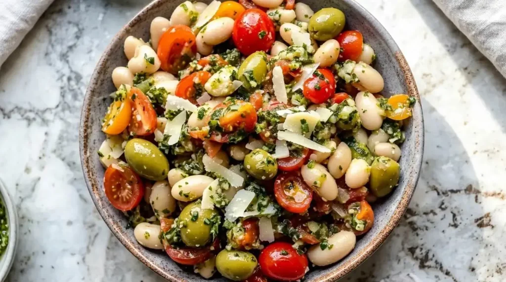 Italian white bean salad with cannellini beans, cherry tomatoes, green olives, basil pesto, and shaved Parmesan in a ceramic bowl.