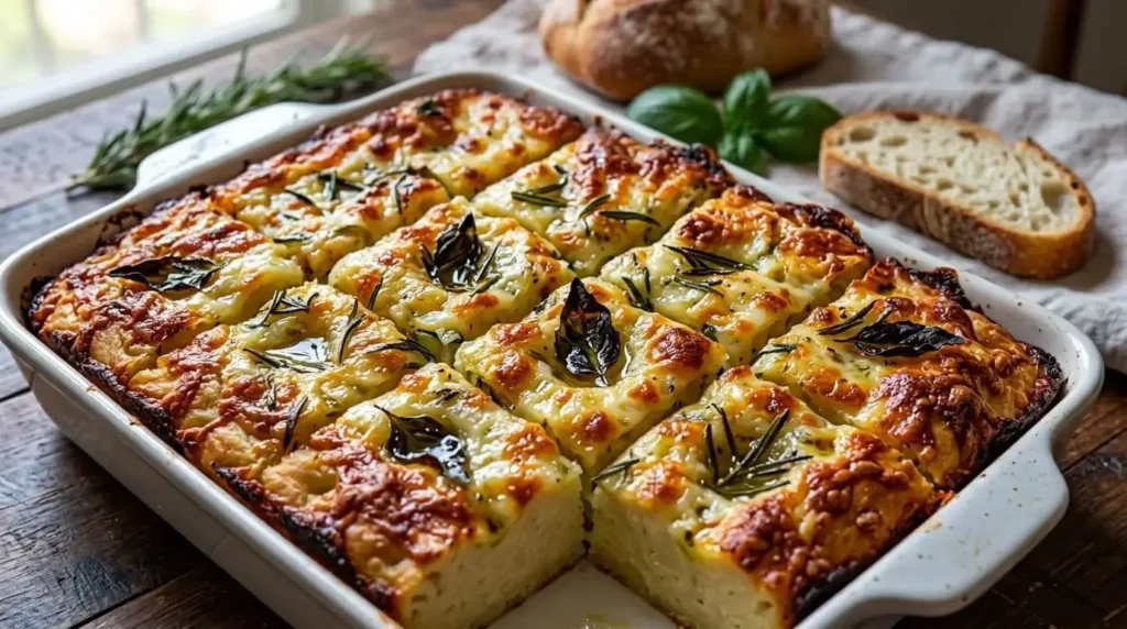 Deep golden-brown Zucchini and Herb Focaccia Bread topped with fresh garden herbs and melted cheese in a rustic baking pan.