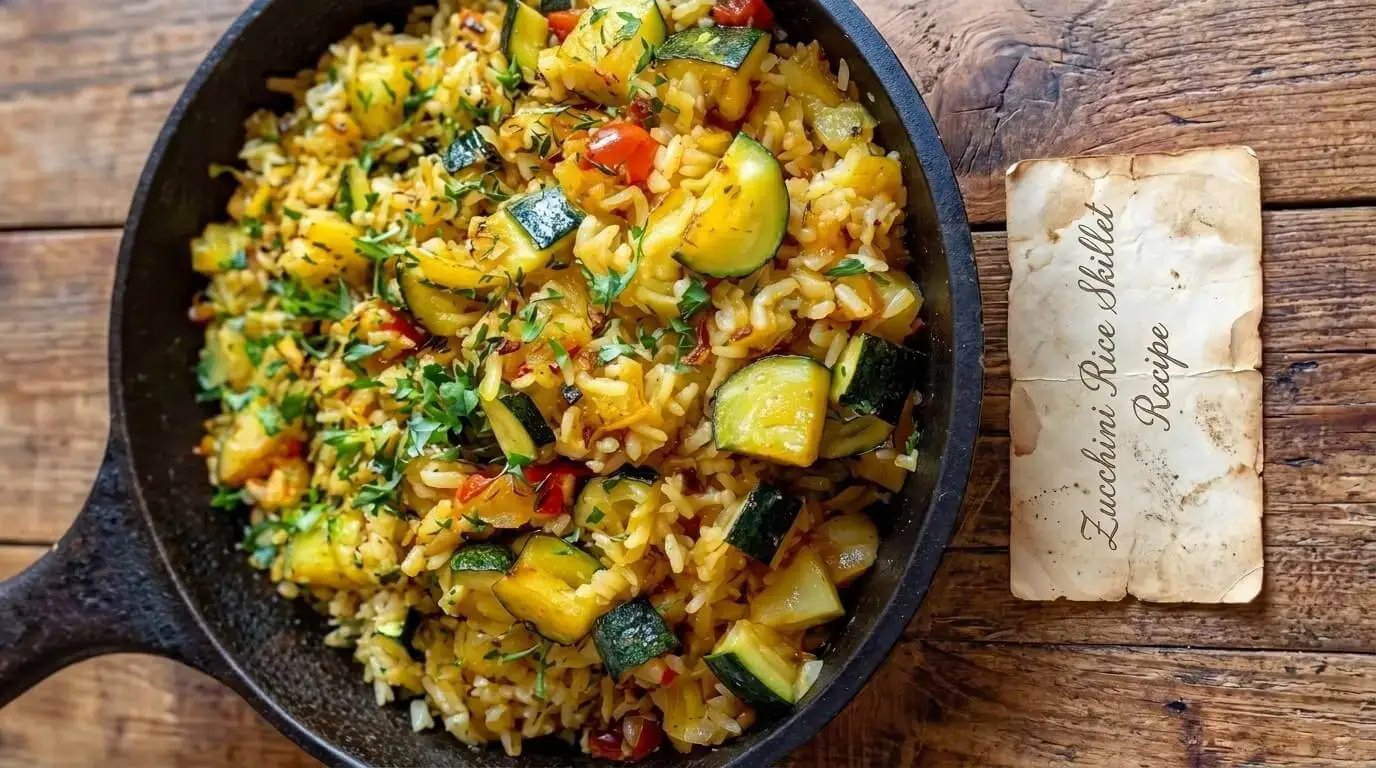 Zucchini Rice Skillet Recipe cooked with zucchini, peppers, garlic, herbs and fluffy rice in a cast iron skillet