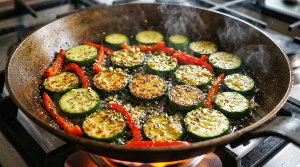 Slicing and searing green zucchini rounds and red bell peppers in an olive oil skillet.