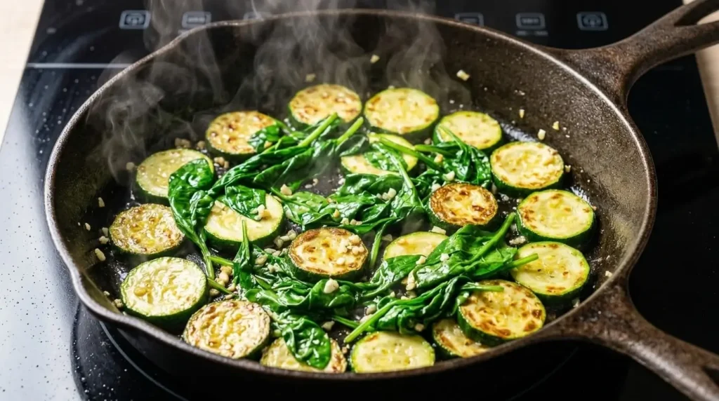 Sautéing thin zucchini rounds and fresh spinach with minced garlic in a cast-iron skillet for a healthy quiche recipe.