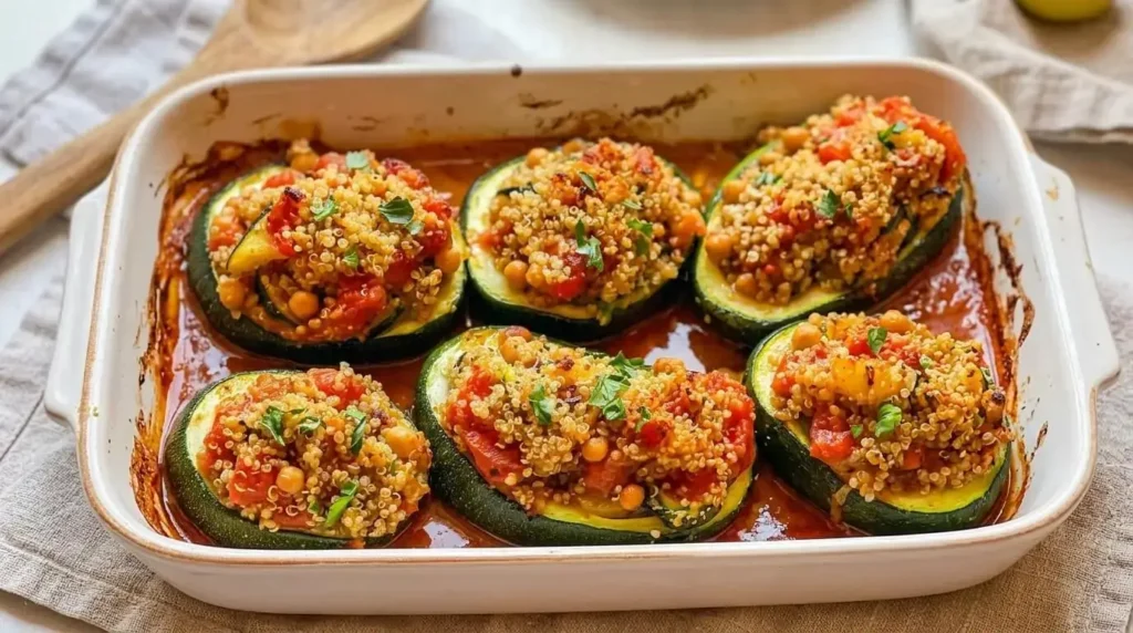 A baking dish filled with rustic Quinoa and Chickpea Stuffed Zucchini Boats garnished with fresh herbs.