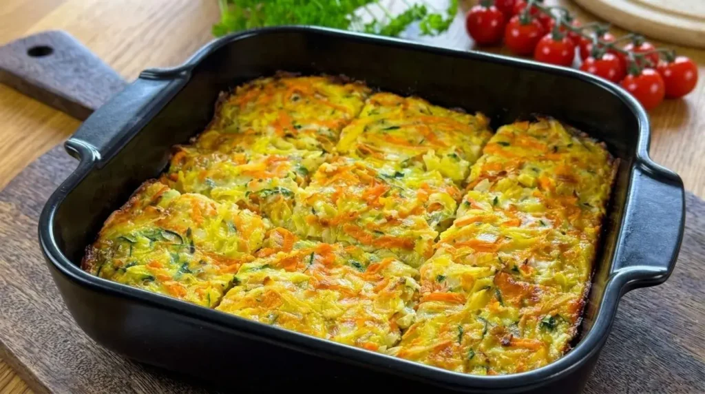 Freshly baked Mediterranean zucchini and carrot slice cut into square portions inside a black baking dish, featuring a golden cheese crust with visible carrot shreds.