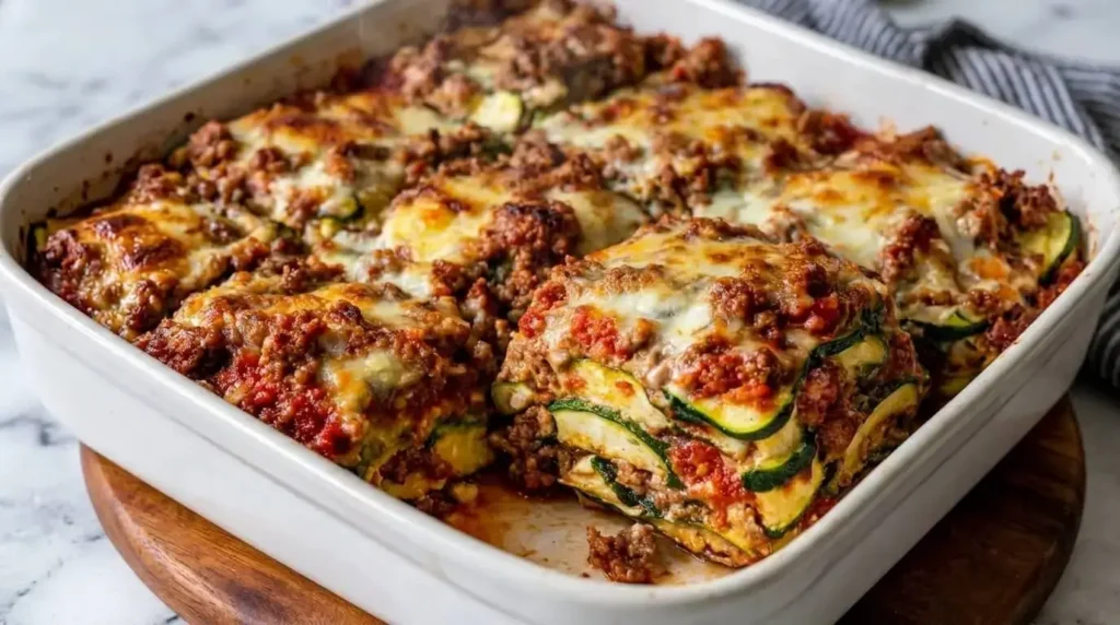A freshly baked Mediterranean style low carb zucchini lasagna in a white baking dish with a square slice cut out showing clear green zucchini layers and a golden bubbling cheese top.